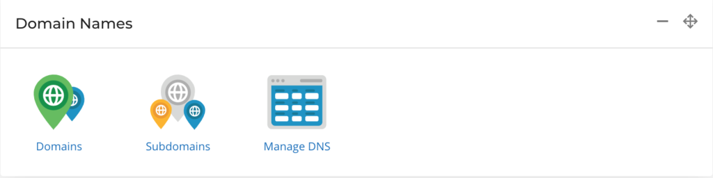Screenshot showing Deep South Digital Hosting Control Panel Options for Managing Domains, Sub Domains and DNS settings including A record, TXT Record, MX Record and CNAME Record
