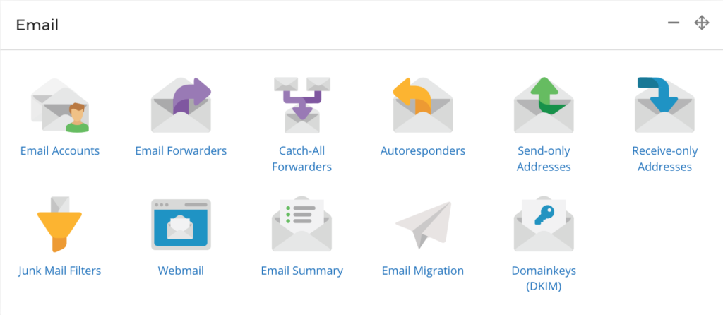 Screenshot showing Deep South Digital Hosting Control Panel Options for Managing Email hosting, Email Accounts, Webmail Access and Email Redirects