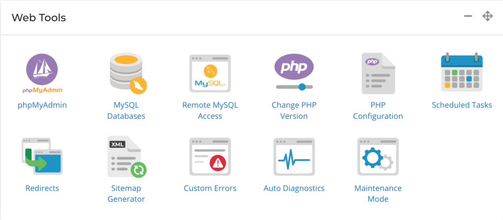 Screenshot showing Hosting Control Panel Options for Managing PHP versions, SQL Databases and related website management hosting management tools