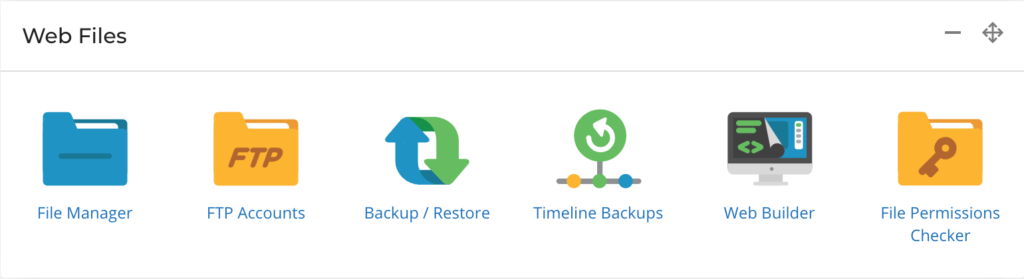 Screenshot showing Deep South Digital Hosting Control Panel Options for Managing Web File Structure, Code Editor, Timeline Backups and FTP Access